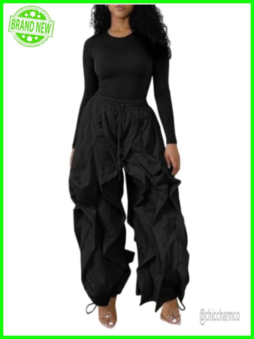 Women 2 Piece Cargo Parachute Pant Set Long Sleeve Shirt Drawstring Waist
